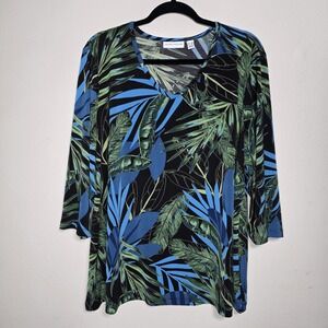 Susan Graver Womens 2X Blue Green Floral Liquid Knit Top Resort Vacation